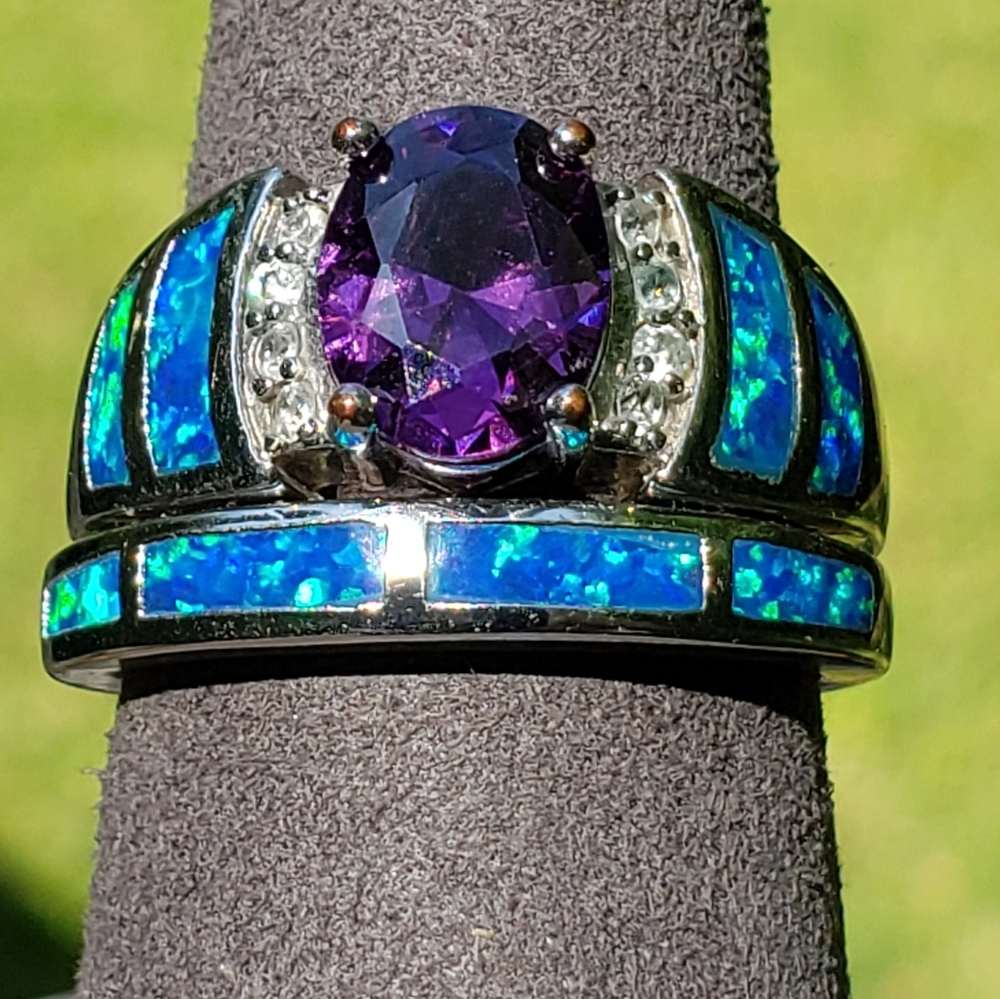 Caribbean Costume Ring Set. Amethyst and Blue Opal Inlay. Size 8.